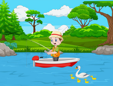 卡通男孩在船上钓鱼图片
