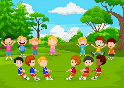 儿童在公园中玩拖战游戏的卡通儿童群体图片素材