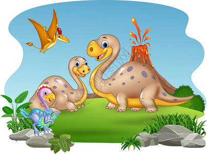 自然背景的卡通母亲和婴儿恐龙图片