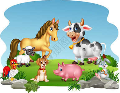 自然背景的卡通农场动物图片