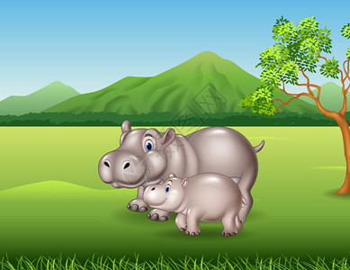 家庭 动物园丛林中的卡通母亲和婴儿河马插画