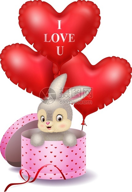 红心形气球的礼物盒中卡通兔子图片