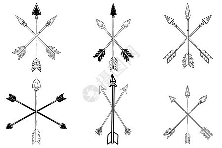 在雕刻风格中用方式绘制美国原住民古代横箭的一组插图海报标签符号徽章菜单的设计元素矢量插图图片