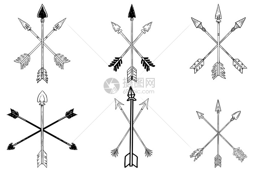 在雕刻风格中用方式绘制美国原住民古代横箭的一组插图海报标签符号徽章菜单的设计元素矢量插图图片