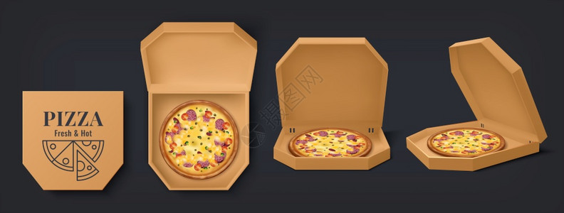 3个纸板打开和封闭的食品容器空和有披萨矢量包模型设计用于品牌身份认同餐厅交货现实的披萨盒3个纸板打开和封闭的食品容器空和披萨病媒图片