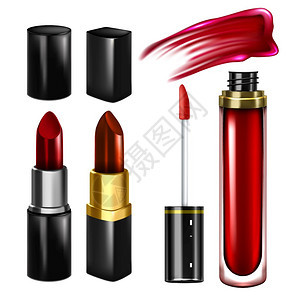 收集不同风格和颜色的口红瓶套件相对于美容产品脸色模板符合实际的3d插图口红和唇光片附加物套件图片