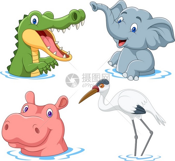 水中的卡通动物大象鳄鱼河马图片