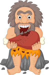 尼安德特人吃肉的卡通山洞人插画