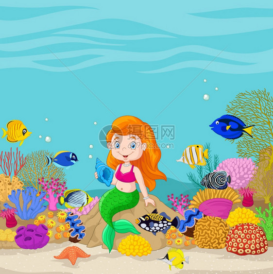 水下世界卡通小美人鱼拿着贝壳图片