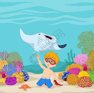 卡通小男孩在水下与黄貂鱼潜水图片
