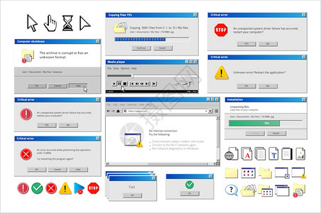旧的计算机窗口弹出警告错误和安装窗口媒体播放器和文件管理员经典回溯设计矢量图解年份标签90s软件ui旧的计算机窗口弹出警告媒体播图片