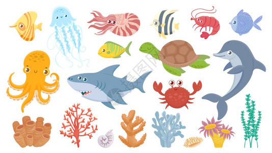 卡通海洋生物可爱鱼类水生珊瑚 图片