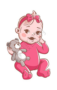 被捏脸女孩带着熊玩具的可爱婴儿穿着粉红色衣服坐微笑的幼儿婴在白色
