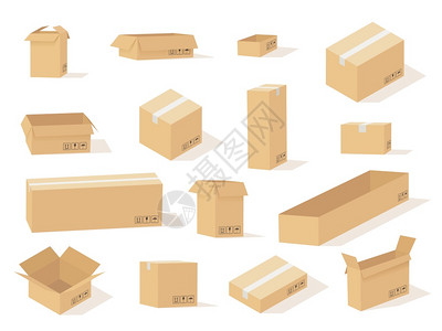 箱打开并封闭不同尺寸前视和不同角度方形和长纸箱货运载矢量集体纸板箱打开并封闭不同尺寸前视和不同角度的纸箱货载物矢量集体图片