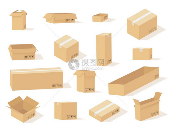 箱打开并封闭不同尺寸前视和不同角度方形和长纸箱货运载矢量集体纸板箱打开并封闭不同尺寸前视和不同角度的纸箱货载物矢量集体图片