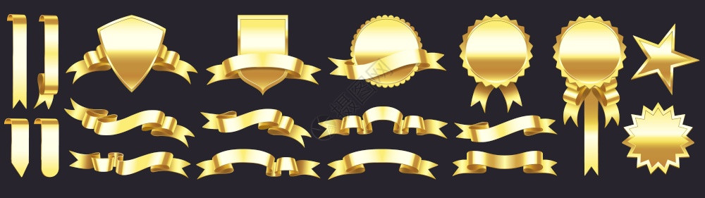 金色横幅带有丝礼品附属和标签的形状节庆光彩带标签明星和奖牌设计以赢得比赛的胜利装饰标签和徽章矢量说明节庆光彩带明星和奖牌图片