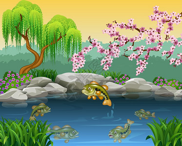 在池塘中的卡通贝斯鱼背景图片