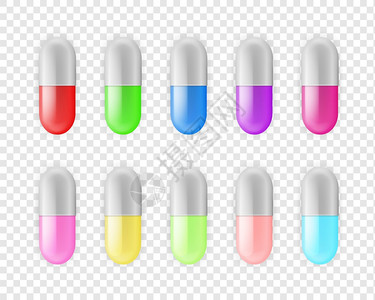 以不同颜色收集的药片切合实际的药物或维生素多彩药片或胶在透明背景下隔离的药物病媒设计要素现实的药物或维生素多彩胶片药和以透明背景图片