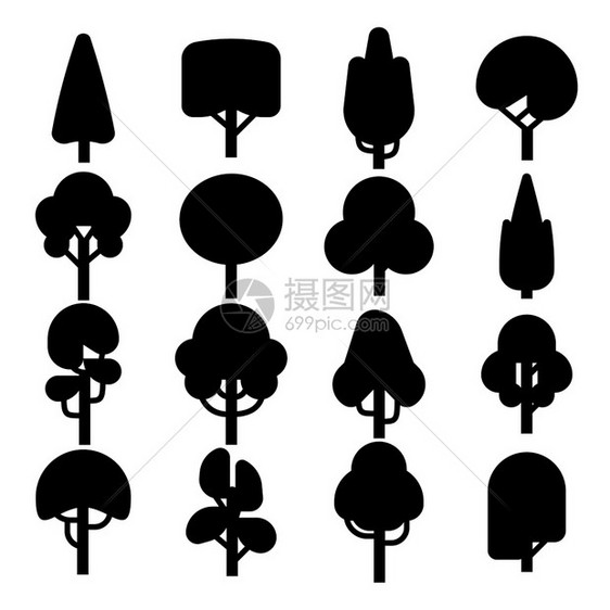树的轮廓用于设计建筑构件的简单树图标收集有机生态符号植物装饰概念平矢量黑色形状树的平矢量黑色形状用于设计建筑构件的树图标收集平向图片
