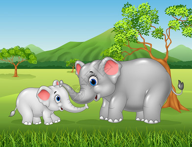 卡通大象母亲和小象在丛林中玩耍图片