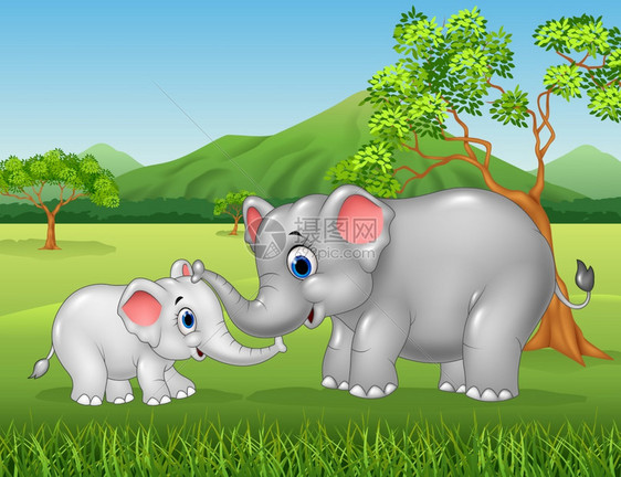 卡通大象母亲和小象在丛林中玩耍图片