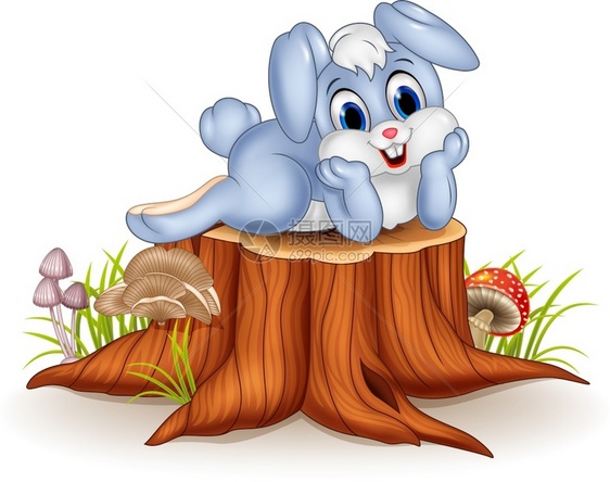 卡通兔子在树桩上图片