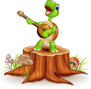 卡通海龟在树桩上弹吉他图片