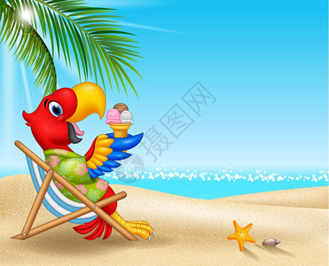 坐在沙滩椅上吃冰淇淋的鹦鹉图片
