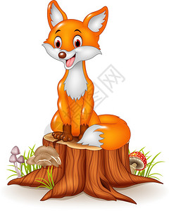 卡通快乐狐狸坐在树桩上图片