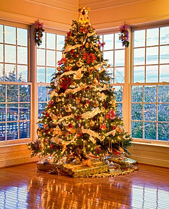 圣诞树有礼物和灯光反映现代家庭在树周围的窗户上图片