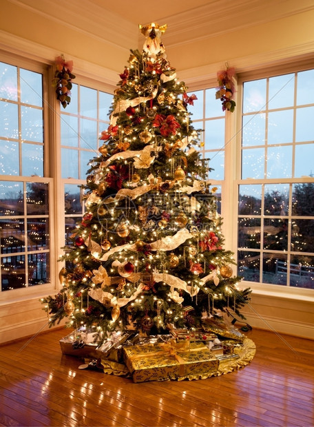 圣诞树有礼物和灯光反映现代家庭在树周围的窗户上图片