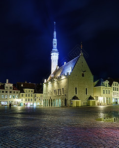 晚上在Raekoy广场的高原市政厅展示着洪泛的圆柱形和大厅的塔楼图片