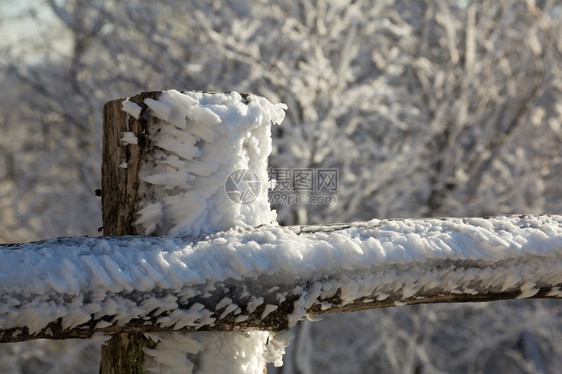 雪在旧木栅栏上被炸成锋利的形状图片