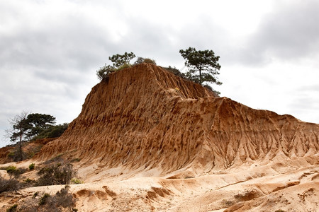 沙石中的尖锐侵蚀托里松树山坡面与云端的天空相对背景图片