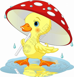 在蘑菇伞下戴雨具的可爱小鸭子图片