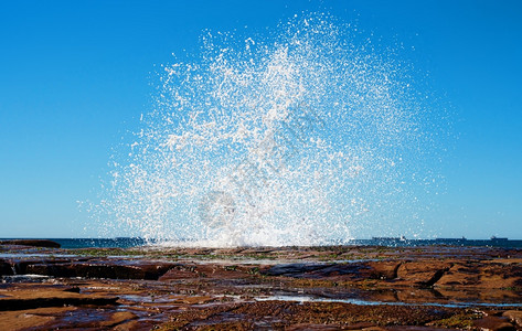 当海浪撞击岸的岩石时背景图片