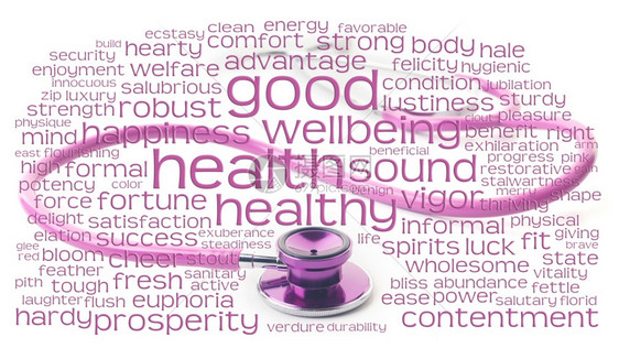 粉色听诊器上的健康和福祉词或标语云图片