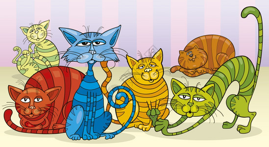 有趣的彩色猫群卡通插图图片