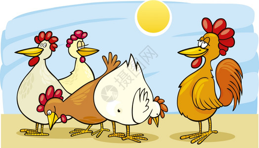 卡通春天农耕中的公鸡和母插图背景