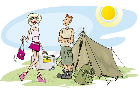 卡通手绘帐篷露营金发女孩的幽默式插图背景