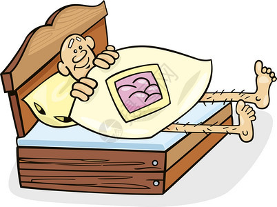 男子睡得太短床的漫画插图图片