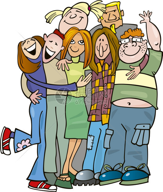 学校青少年群体拥抱的插图图片