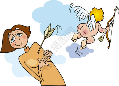 天使卡通描述爱中的女被小斗箭击中的插图背景