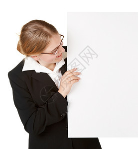 有标志板的年轻商业女青白种背景孤立图片