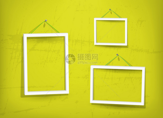 黄色旧墙壁上三张空图片框eps10使用不透明层来影响阴图片