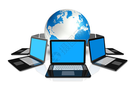 3台膝上型计算机环绕一个世界地球孤立在白色上膝型计算机图片