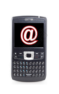 屏幕上带有电子邮件符号背景的移动电话对象在白色上方图片