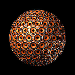 三维球体由橙色发言者制成孤立在黑色的发言者球体上图片