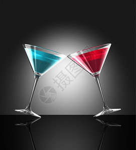 2个透明的蓝色和红鸡尾酒杯在吧表面反射3维插图红色和蓝鸡尾酒杯图片