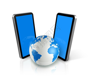环绕世界全球的两台三维连通移动电话孤立在白色上环绕世界的两部移动电话图片